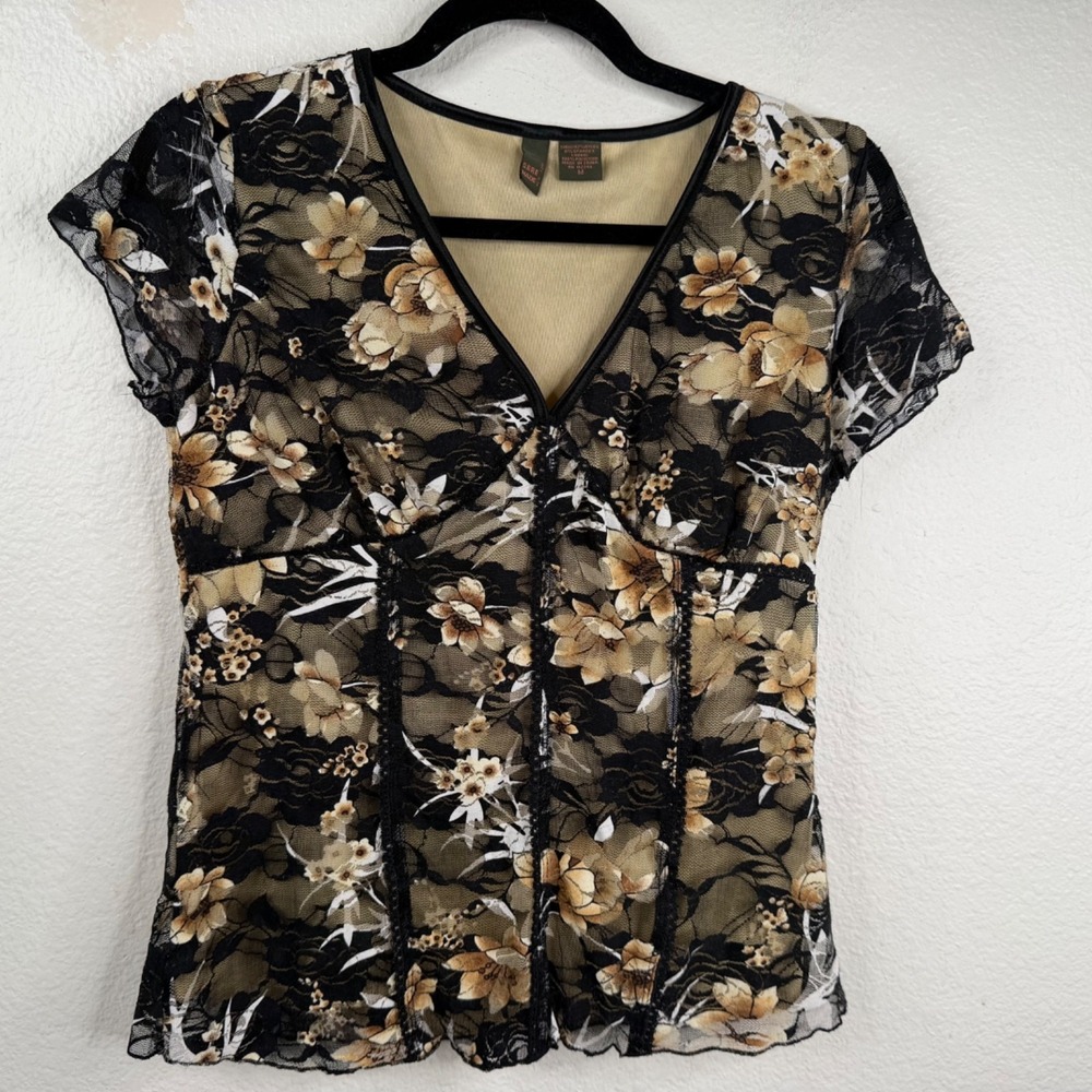 Sere Nade Women's Top Black Brown Sz M Babydoll Fairy Grunge Y2K Mesh Floral